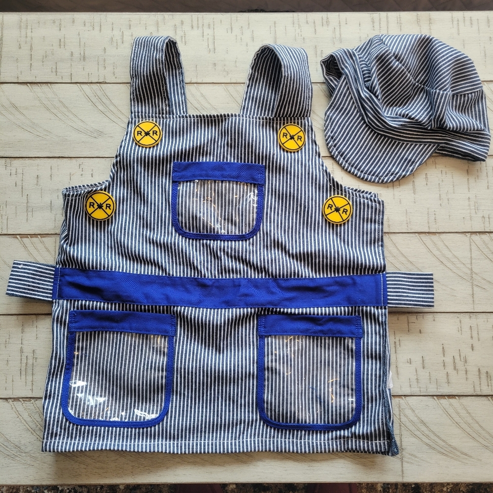 Melissa And Doug Train Conductor Blue Striped Apron & Cap Set Costume